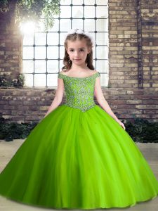 Green Lace Up Girls Pageant Dresses Beading Sleeveless Floor Length
