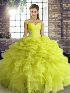 Yellow Green Lace Up Quince Ball Gowns Beading and Ruffles and Pick Ups Sleeveless Floor Length