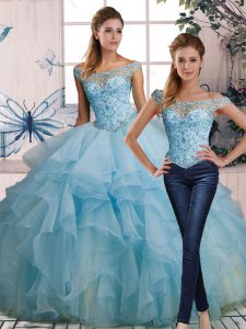 Floor Length Two Pieces Sleeveless Light Blue Quince Ball Gowns Lace Up