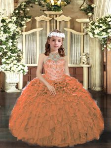 Orange Tulle Lace Up Halter Top Sleeveless Floor Length Kids Pageant Dress Beading and Ruffles