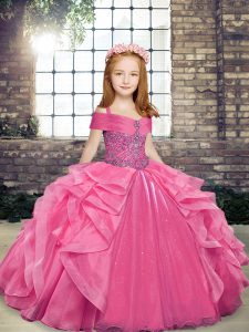 Fantastic Sleeveless Organza Floor Length Lace Up Little Girls Pageant Dress in Pink with Beading and Ruffles