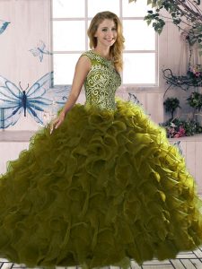 Olive Green Sleeveless Organza Lace Up Vestidos de Quinceanera for Military Ball and Sweet 16 and Quinceanera