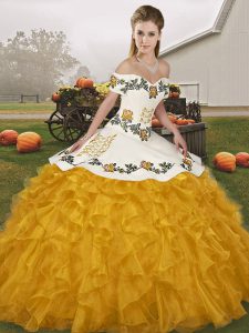 Elegant Gold Lace Up Off The Shoulder Embroidery and Ruffles Quinceanera Dress Organza Sleeveless