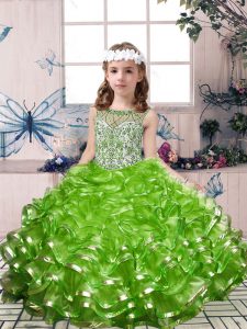 Sweet Sleeveless Floor Length Beading and Ruffles Lace Up High School Pageant Dress with Green