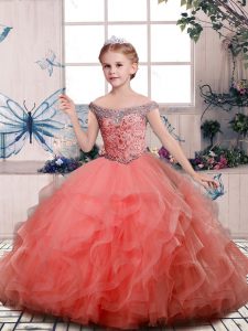 Affordable Peach Tulle Lace Up Off The Shoulder Sleeveless Floor Length Little Girl Pageant Dress Beading and Ruffles