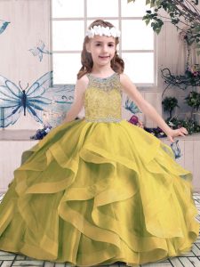 Unique Olive Green Ball Gowns Scoop Sleeveless Tulle Floor Length Lace Up Beading and Ruffles Little Girls Pageant Gowns