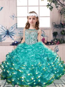 Ball Gowns Little Girl Pageant Dress Teal Scoop Organza Sleeveless Floor Length Lace Up