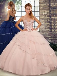 Custom Made Sleeveless Beading and Ruffled Layers Lace Up Quince Ball Gowns with Peach Brush Train