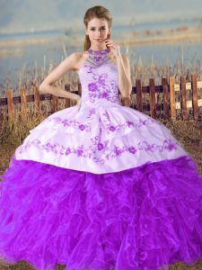 Custom Design Halter Top Sleeveless Court Train Lace Up Quinceanera Dresses Purple Organza