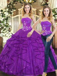 Fashionable Purple Lace Up Strapless Beading and Ruffles Sweet 16 Dresses Tulle Sleeveless
