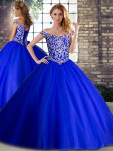 Perfect Royal Blue Ball Gowns Off The Shoulder Sleeveless Tulle Brush Train Lace Up Beading Quince Ball Gowns