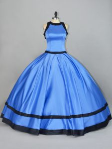 Blue Ball Gowns Satin Scoop Sleeveless Ruching Floor Length Lace Up Quinceanera Gown