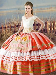 Colorful White And Red Satin Lace Up V-neck Sleeveless Floor Length 15 Quinceanera Dress Embroidery and Ruffled Layers