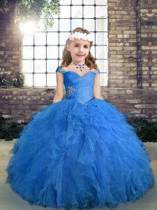 Pretty Straps Sleeveless Lace Up Pageant Gowns For Girls Blue Tulle