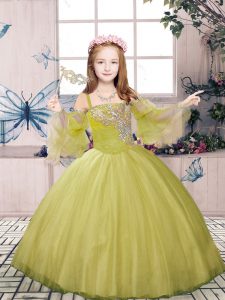 Dramatic Olive Green Ball Gowns Straps Sleeveless Tulle Floor Length Lace Up Beading Kids Formal Wear