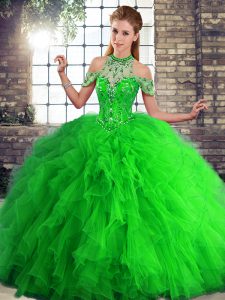 Most Popular Green Lace Up Halter Top Beading and Ruffles 15 Quinceanera Dress Tulle Sleeveless