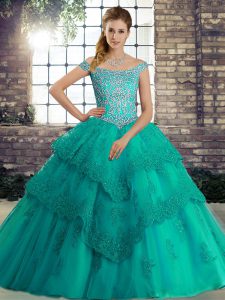 Glorious Turquoise Off The Shoulder Lace Up Beading and Lace Quinceanera Gown Brush Train Sleeveless