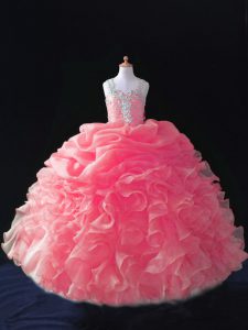 Floor Length Zipper Little Girls Pageant Gowns Coral Red for Wedding Party with Beading and Ruffles and Pick Ups