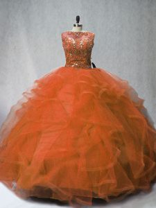Decent Rust Red Ball Gowns Beading and Ruffles Quince Ball Gowns Lace Up Tulle Sleeveless