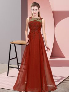 Rust Red Empire Chiffon Scoop Sleeveless Beading and Appliques Floor Length Zipper Court Dresses for Sweet 16
