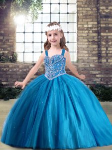 Custom Design Blue Lace Up Straps Beading Little Girls Pageant Dress Tulle Sleeveless