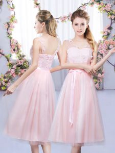 Tea Length Empire Sleeveless Baby Pink Quinceanera Court Dresses Lace Up