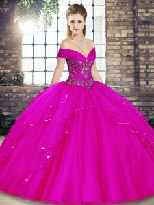 Classical Floor Length Lace Up Vestidos de Quinceanera Fuchsia for Military Ball and Sweet 16 and Quinceanera with Beading and Ruffles