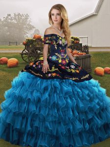 Beauteous Blue And Black Sleeveless Floor Length Embroidery and Ruffled Layers Lace Up Quinceanera Gowns