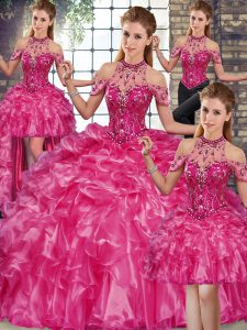 Fuchsia Ball Gowns Organza Halter Top Sleeveless Beading and Ruffles Floor Length Lace Up Quinceanera Gowns