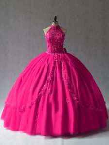 Delicate Fuchsia Tulle Lace Up Halter Top Sleeveless Floor Length Quinceanera Dress Appliques