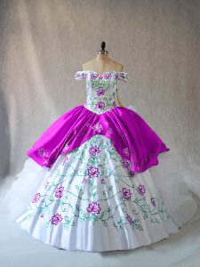 Off The Shoulder Sleeveless Lace Up Ball Gown Prom Dress White And Purple Organza