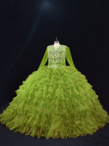 Olive Green Organza Lace Up V-neck Long Sleeves Floor Length Quince Ball Gowns Ruffled Layers