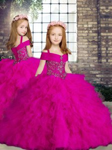 Fuchsia Ball Gowns Beading and Ruffles Little Girls Pageant Gowns Lace Up Tulle Sleeveless Floor Length