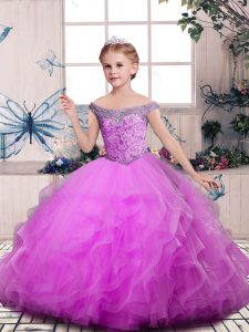 Hot Selling Off The Shoulder Sleeveless Tulle Child Pageant Dress Beading and Ruffles Lace Up