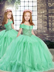 Top Selling Apple Green Straps Lace Up Beading and Ruffles Pageant Gowns For Girls Sleeveless