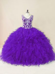 Charming Purple Sleeveless Floor Length Beading and Ruffles Backless Quinceanera Gown