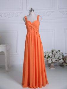 Best Straps Sleeveless Dama Dress Floor Length Ruching Orange Chiffon