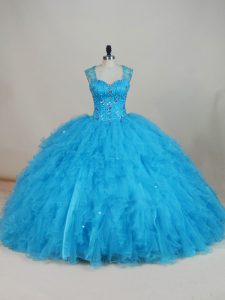 Clearance Floor Length Zipper Quinceanera Gowns Baby Blue for Sweet 16 and Quinceanera with Beading and Ruffles