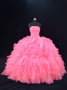 Exceptional Organza Strapless Sleeveless Lace Up Beading and Ruffles 15 Quinceanera Dress in Pink