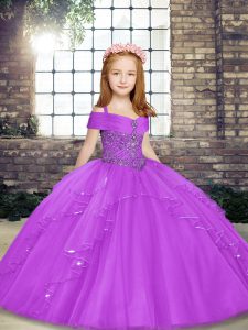 Simple Straps Sleeveless Lace Up Little Girl Pageant Gowns Lilac Tulle