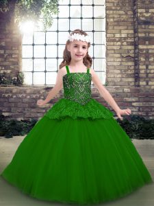 Sleeveless Tulle Floor Length Lace Up Pageant Dress for Girls in Green with Beading
