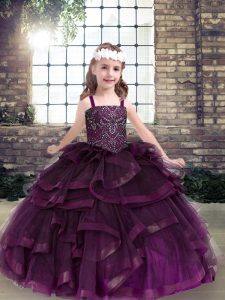 Pretty Floor Length Ball Gowns Sleeveless Eggplant Purple Kids Formal Wear Lace Up