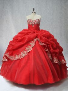 Charming Organza Sweetheart Sleeveless Lace Up Appliques and Pick Ups 15 Quinceanera Dress in Red