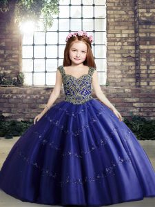 Beautiful Ball Gowns Pageant Dresses Royal Blue Straps Tulle Sleeveless Floor Length Lace Up