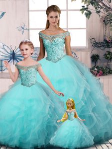 Top Selling Floor Length Lace Up Sweet 16 Dresses Aqua Blue for Sweet 16 and Quinceanera with Embroidery and Ruffles
