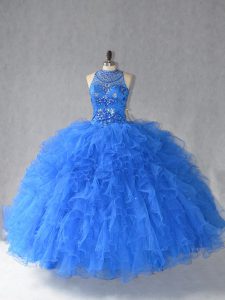 Deluxe Royal Blue Tulle Lace Up Halter Top Sleeveless Floor Length Quinceanera Dresses Beading and Ruffles