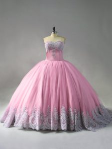 Sexy Sleeveless Beading and Appliques Lace Up Ball Gown Prom Dress with Pink Court Train