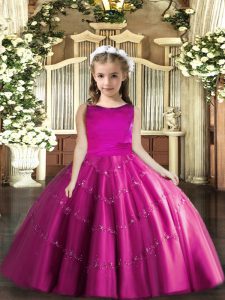 Fuchsia Tulle Lace Up Scoop Sleeveless Floor Length Evening Gowns Beading