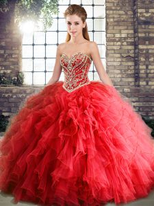 Red Tulle Lace Up Sweetheart Sleeveless Floor Length Ball Gown Prom Dress Beading and Ruffles
