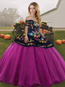 Eye-catching Fuchsia Ball Gowns Tulle Off The Shoulder Sleeveless Embroidery Floor Length Lace Up Sweet 16 Dress